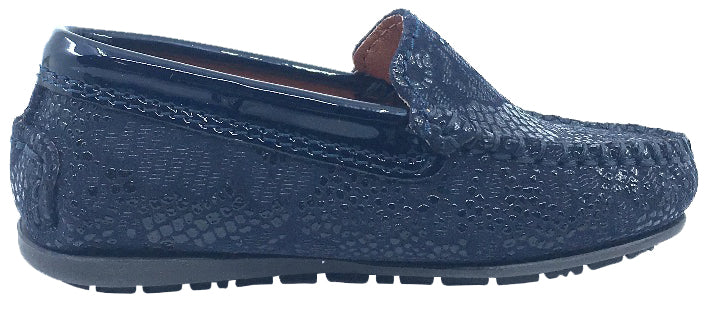 Atlanta Mocassin Girl's & Boy's Navy Pebble Printed Leather with Patent Trim Slip On Moccasin Loafer Shoe