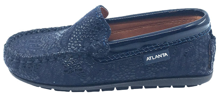 Atlanta Mocassin Girl's & Boy's Navy Pebble Printed Leather with Patent Trim Slip On Moccasin Loafer Shoe