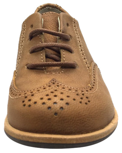 Manuela de Juan Boy's & Girl's British Distressed Tan Leather Lace Up Oxford Shoes with Perforated Penguin Toe