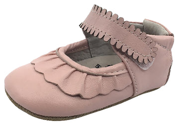 Livie & Luca Girl's Ruche Shell Pink Smooth Leather Ruffle Trimmed Hook and Loop Mary Jane Shoe
