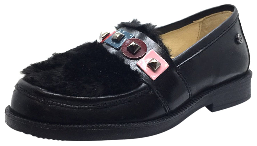 Naturino Girl's 9211 Black Soft Faux Fur Upper Studded Smooth Leather Slip On Platform Loafers