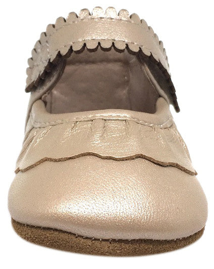 Livie & Luca Girl's Ruche Ruffled Champagne Shimmer Leather Hook and Loop Mary Jane Shoe