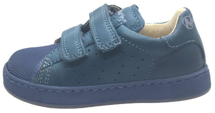 Naturino Boy's and Girl's 9102 Solid Colored Blue Perforated Leather Double Hook and Loop Sneakers