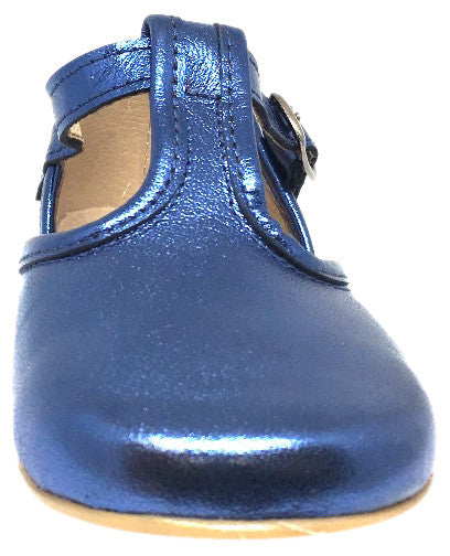 Hoo Shoes Chloe's Bright Cobalt Blue Metallic T-Strap Adjustable Buckle Mary Jane Flats