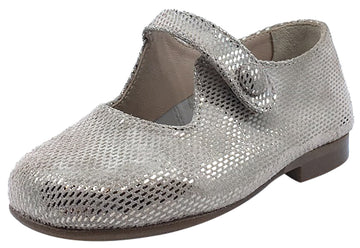 Papanatas by Eli Girl's Taupe Metallic Printed Suede Button Closure Strap Mary Jane Flats