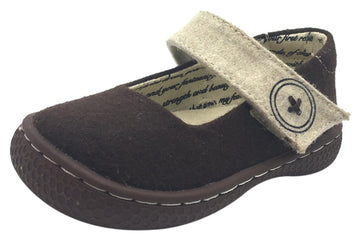 Livie & Luca Girl's Carta II Mocha Natural Textile Mary Jane Shoe with Hook and Loop Closure