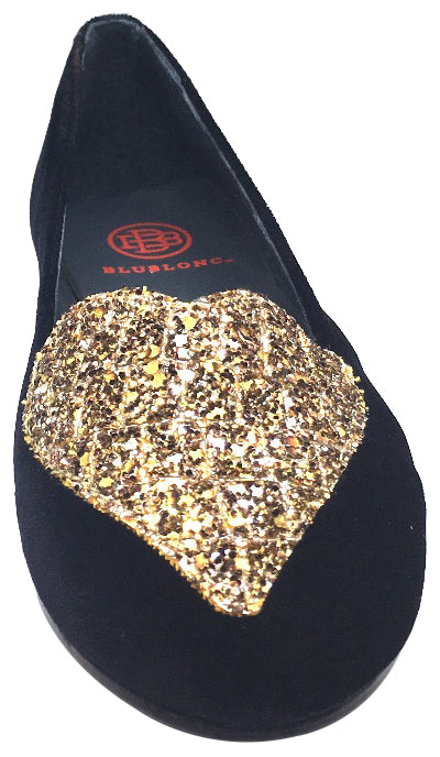 BluBlonc Black Velvet Ballet Flat with Gold Sparkle Heart Embellishment