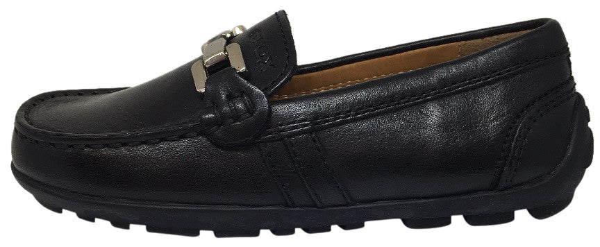 Geox Respira Boy's Black Smooth Leather Upper Detail Slip On Dress Moccasin Loafer Shoe
