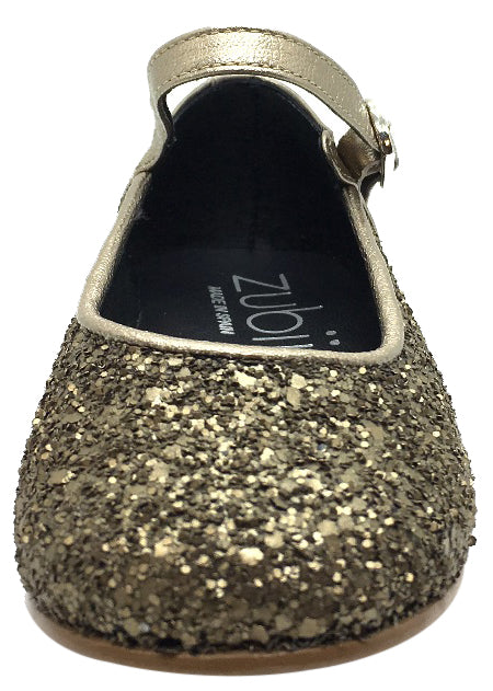 Zubii Girl's Old Gold Glitter Leather Mary Jane Flats with Buckle and Trim