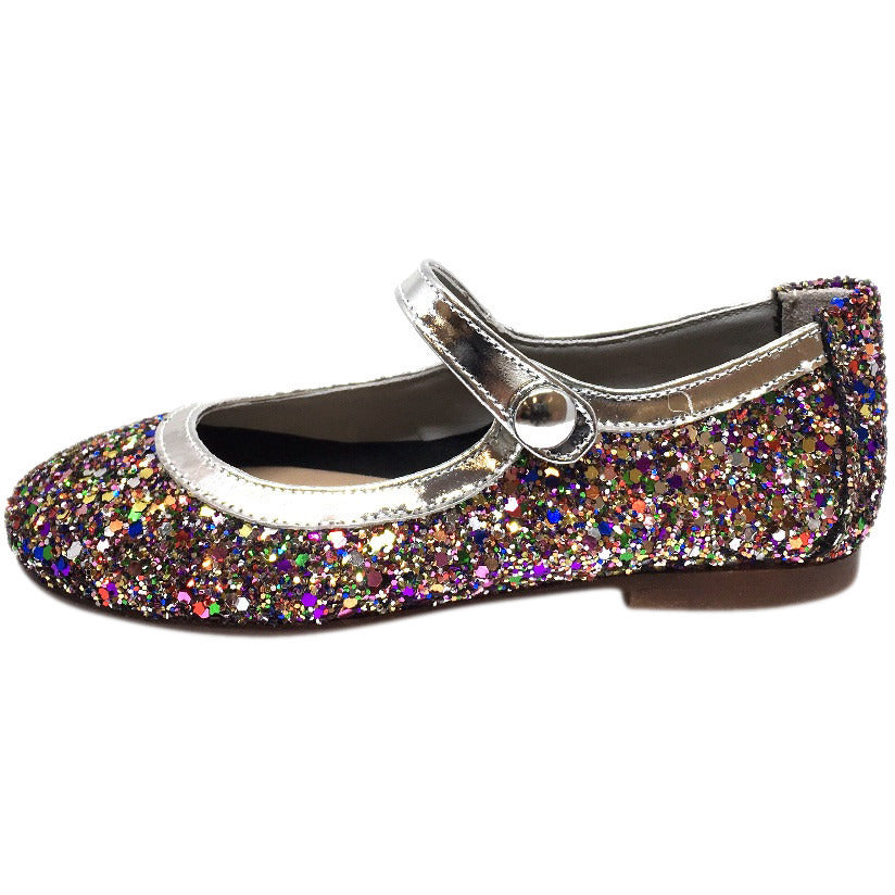 Papanatas by Eli Girl's Bright Silver Multi Glitter Mary Janes Button Flats - Just Shoes for Kids
 - 2