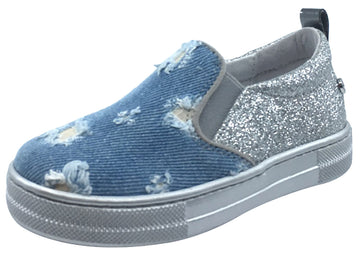 Naturino Girl's Light Glitter Denim & Silver Slip On Sneaker Shoe with Distressing