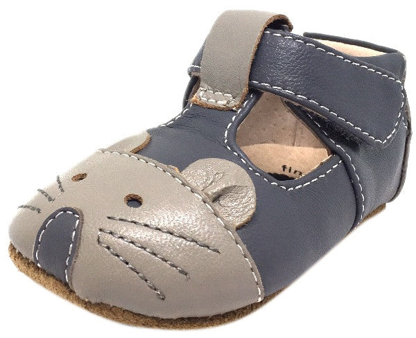 Livie & Luca Girl's and Boy's Scamper Smooth Gray Leather Mouse Character T-Strap Shoe with Hook and Loop Closure