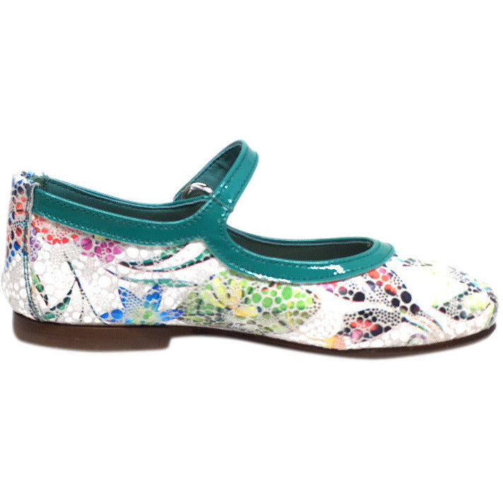 Papanatas by Eli Girl's Grey Teal Metallic Floral Print Mary Janes Button Flats - Just Shoes for Kids
 - 5