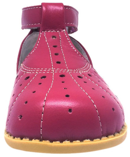 Livie & Luca Girl's Palma Hot Pink Perforated Leather T-Strap Style Ankle Strap Hook and Loop Mary Jane Shoe