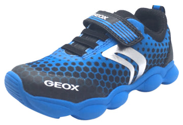 Geox Boy's Munfrey Light Blue Black Polka Dot Mesh Double Hook and Loop Strap Sporty Low Top Breathable Sneaker