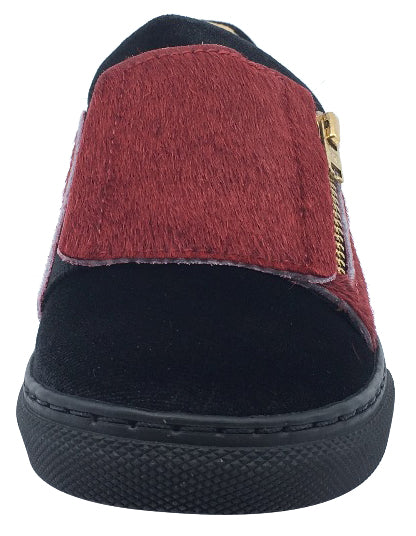 Fascani Boy's and Girl's Side Zip Slip-On Sneaker Shoes, Black Velvet/Red Pony Hair