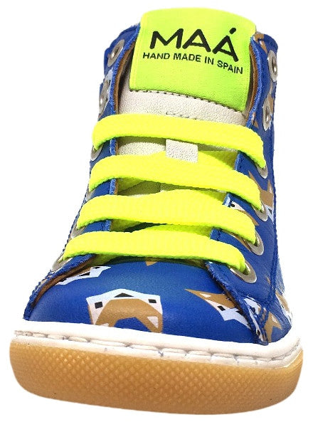 MAA Boy's and Girl's Blue Leather Fox Print Lace Up High Top Sneakers