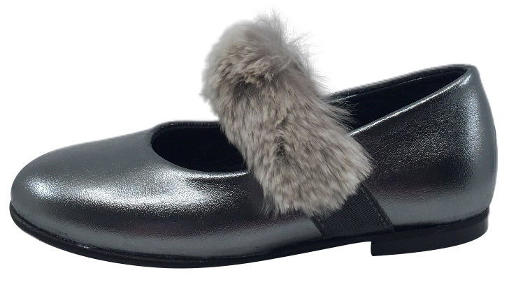 Luccini Girl's Slip-On Mary Jane with Fur Trim (Silver Leather)