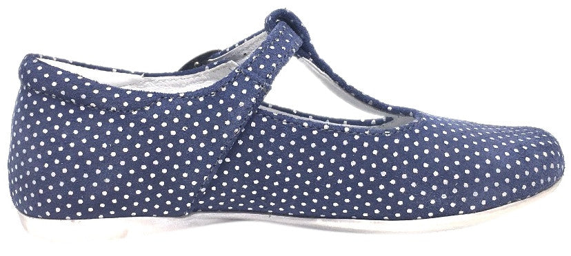 Emel Girl's Polka Dot Denim Blue Leather T-Strap Mary Jane Shoe