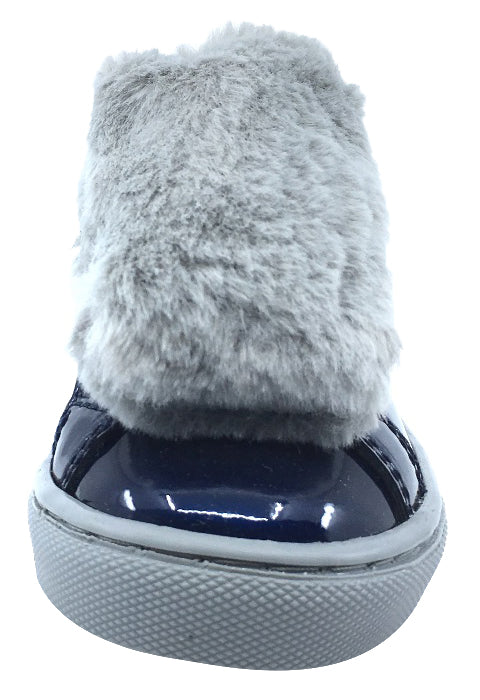 Atlanta Mocassin Girl's and Boy's Patent and Fur Slip-On Step-In Sneakers, Navy Patent/Grey Fur