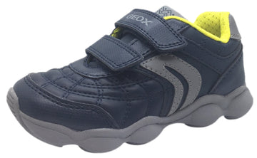 Geox Boy's Munfrey Leather Navy Grey Double Hook and Loop Strap Sporty Spiderweb Low Top Breathable Sneaker