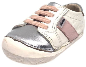 Old Soles Girl's Hipster Pave White Pink Leather Elastic Laces Slip On Walker Baby Shoe Sneaker