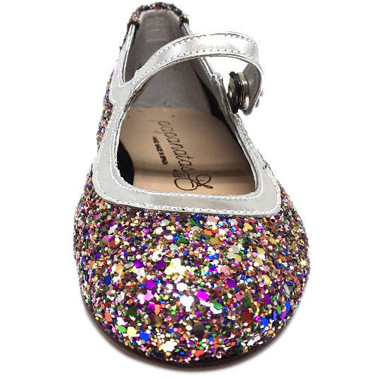Papanatas by Eli Girl's Bright Silver Multi Glitter Mary Janes Button Flats - Just Shoes for Kids
 - 3