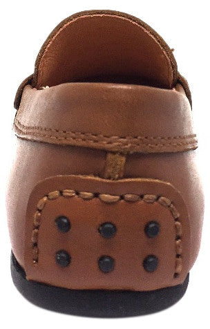 Umi Boy's Cognac Leather Studded Fabric Racing Stripe Slip On Moccasin Loafer