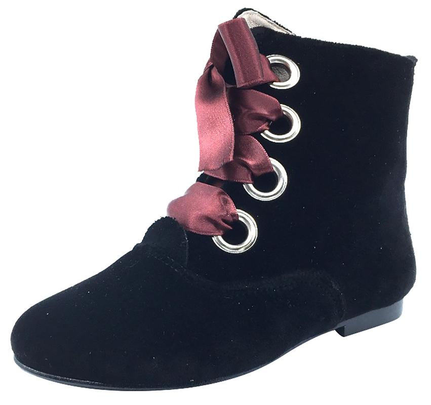 Hoo Shoes Girl's Ribbon Lace-Up Booties, Black Velvet with Burgundy Ribbon