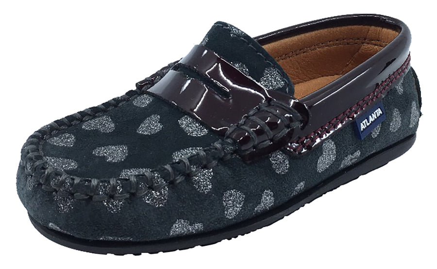 Atlanta Mocassin Girl's Suede and Patent Heart Print Penny Loafers, Grey Suede/Burgundy Patent