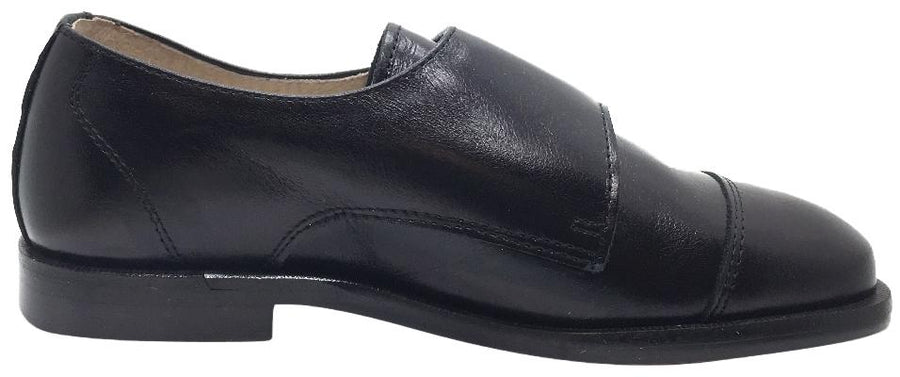 Hoo Shoes Boy's Black Smooth Leather Double Buckle Strap hook and loop Oxford Shoes
