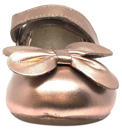 Old Soles Girl's Flower Girl Copper Metallic Leather Bow Hook and Loop Mary Jane Flat