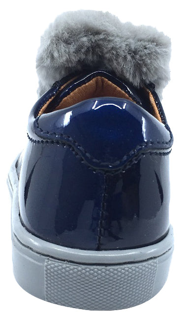 Atlanta Mocassin Girl's and Boy's Patent and Fur Slip-On Step-In Sneakers, Navy Patent/Grey Fur
