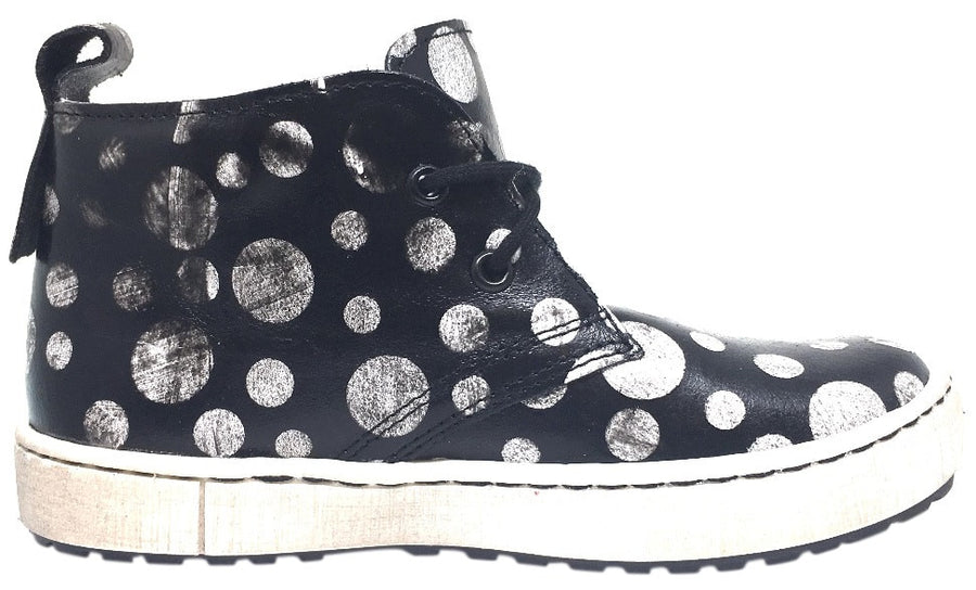Emel Girl's & Boy's Black Polka Dot Smooth Leather High Top Sneaker with Distressed Sole