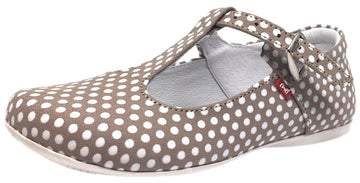 Emel Girl's Polka Dot Light Tan Leather T-Strap Mary Jane Shoe