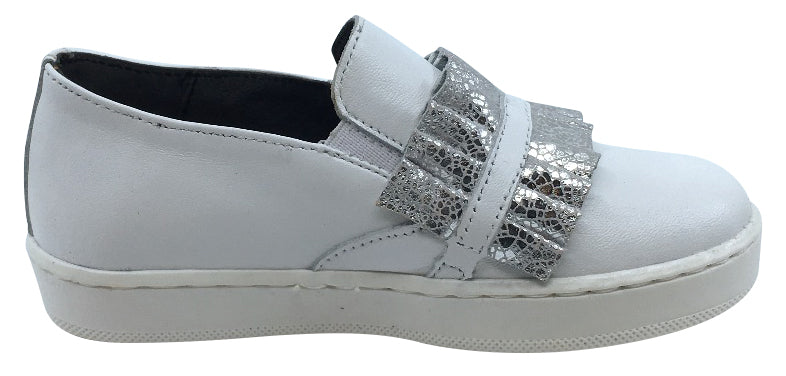 BluBlonc Girl's White Leather with Silver Snake Print Ruffle Sneaker Shoe