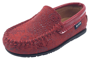 Atlanta Mocassin Girl's & Boy's Red Pebble Printed Leather with Patent Trim Slip On Moccasin Loafer Shoe