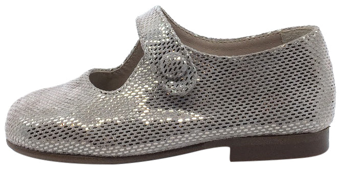 Papanatas by Eli Girl's Taupe Metallic Printed Suede Button Closure Strap Mary Jane Flats