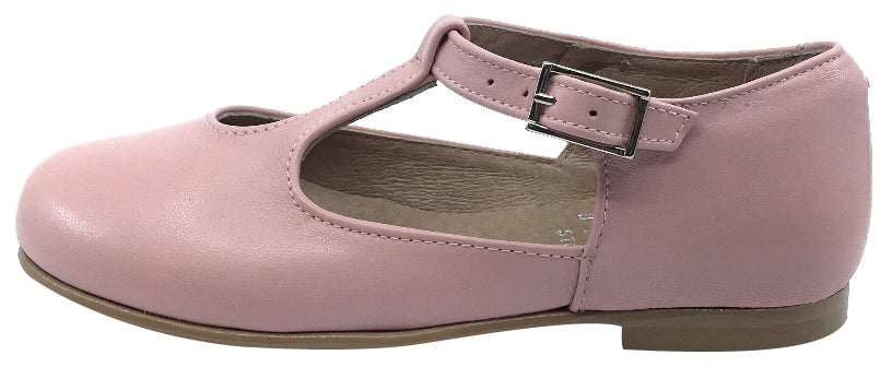 Hoo Shoes Girl's Dee Rose Pink Leather Asymmetrical T-Strap Mary Jane Flat Shoe