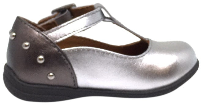 Umi Silver Patent Leather T-Strap Studded Mary Jane Flats