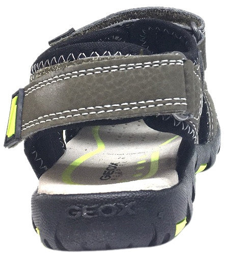 Geox Boy's Pianeta Military Green & Lime Single Hook and Loop Strap Open Toe Sandal