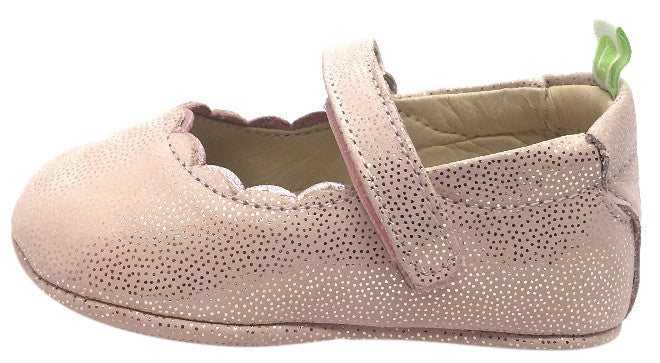 Tip Toey Joey Girl's Roundy Pink Stars Pink Dream Scalloped Trim Leather Hook and Loop Mary Jane Flat