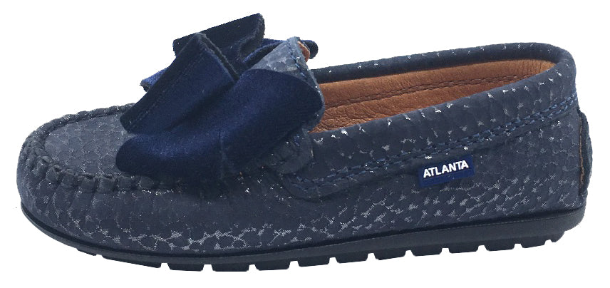 Atlanta Mocassin Girl's Leather with Velvet Bow Loafers, Navy Print/Navy Velvet Bow