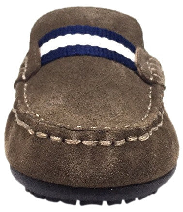 Umi Boy's Taupe Suede Leather Studded Fabric Racing Stripe Slip On Moccasin Loafer