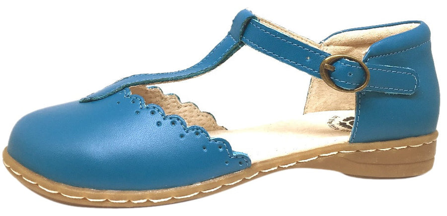 Livie & Luca Girl's Azure Blue Fresca Scalloped Leather Trim T-Strap Adjustable Buckle Mary Jane Flat Shoe