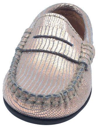 Atlanta Mocassin Girl's Rose Gold Printed Metallic Leather Slip On Moccasin Loafer Flat Shoe