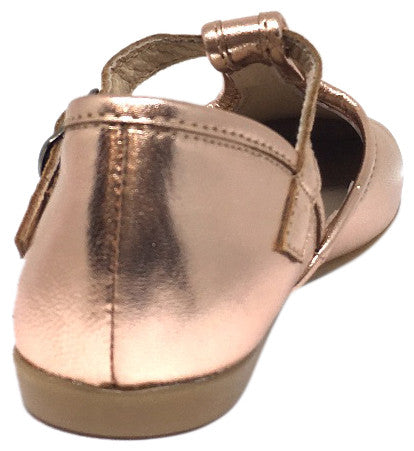 Hoo Shoes Girl's Chloe's Bright Metallic Rose Gold T-Strap Adjustable Buckle Mary Jane Flats