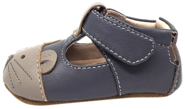 Livie & Luca Girl's and Boy's Scamper Smooth Gray Leather Mouse Character T-Strap Shoe with Hook and Loop Closure