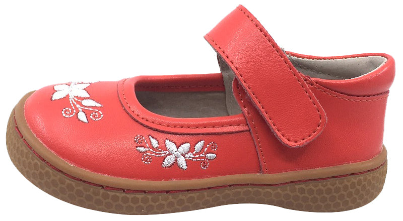 Livie & Luca Girl's Frida Bright Pink Leather with Floral Embroidery Mary Jane Flat Shoes