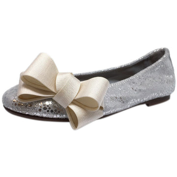 Papanatas by Eli Girl's Bright Silver Sparkle Metallic Bow Detail Slip On Ballet Flats - Just Shoes for Kids
 - 1